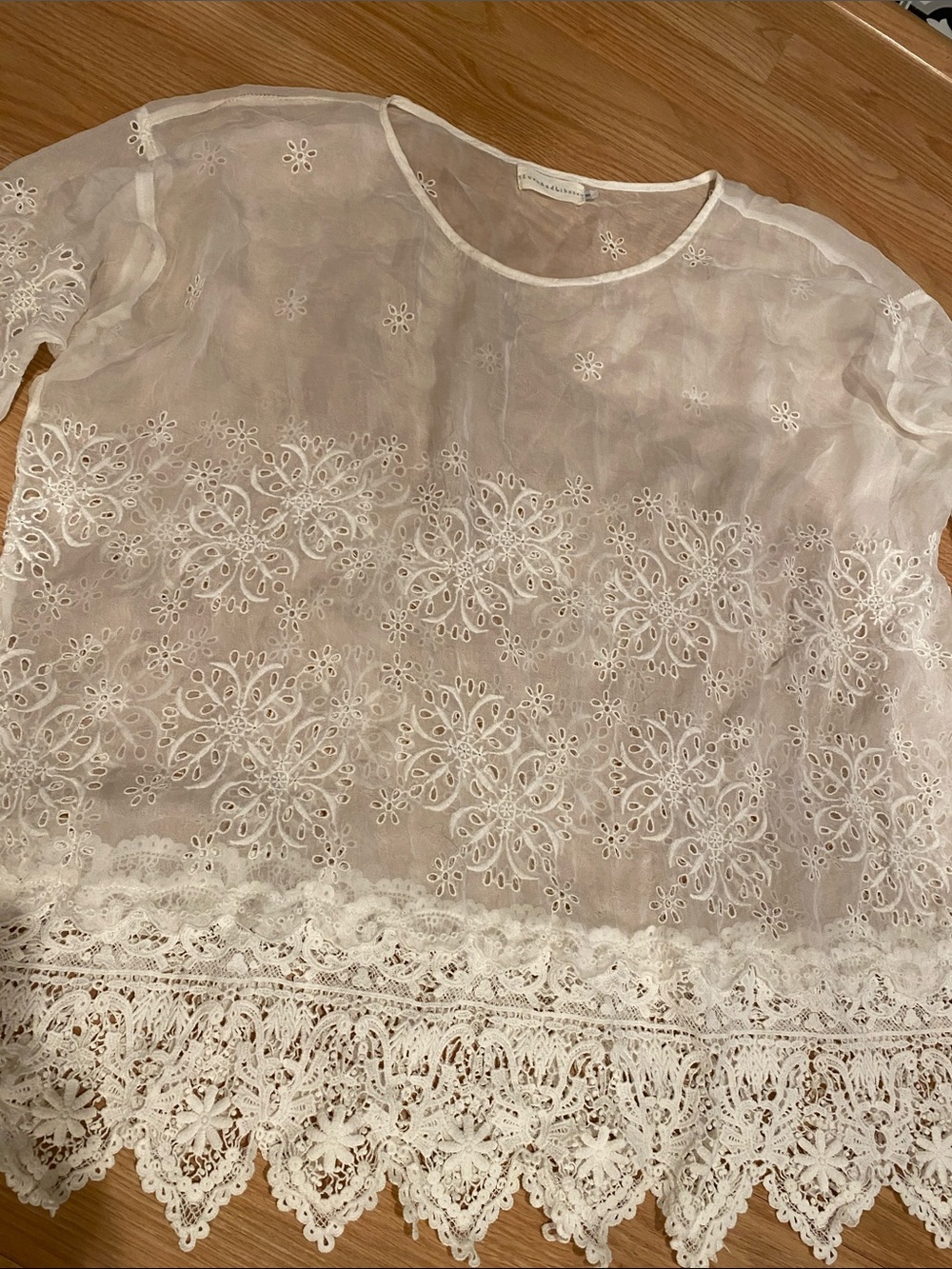 Preowned Sheer White Embroidered Lace crochet top  Women's Top M Excellent